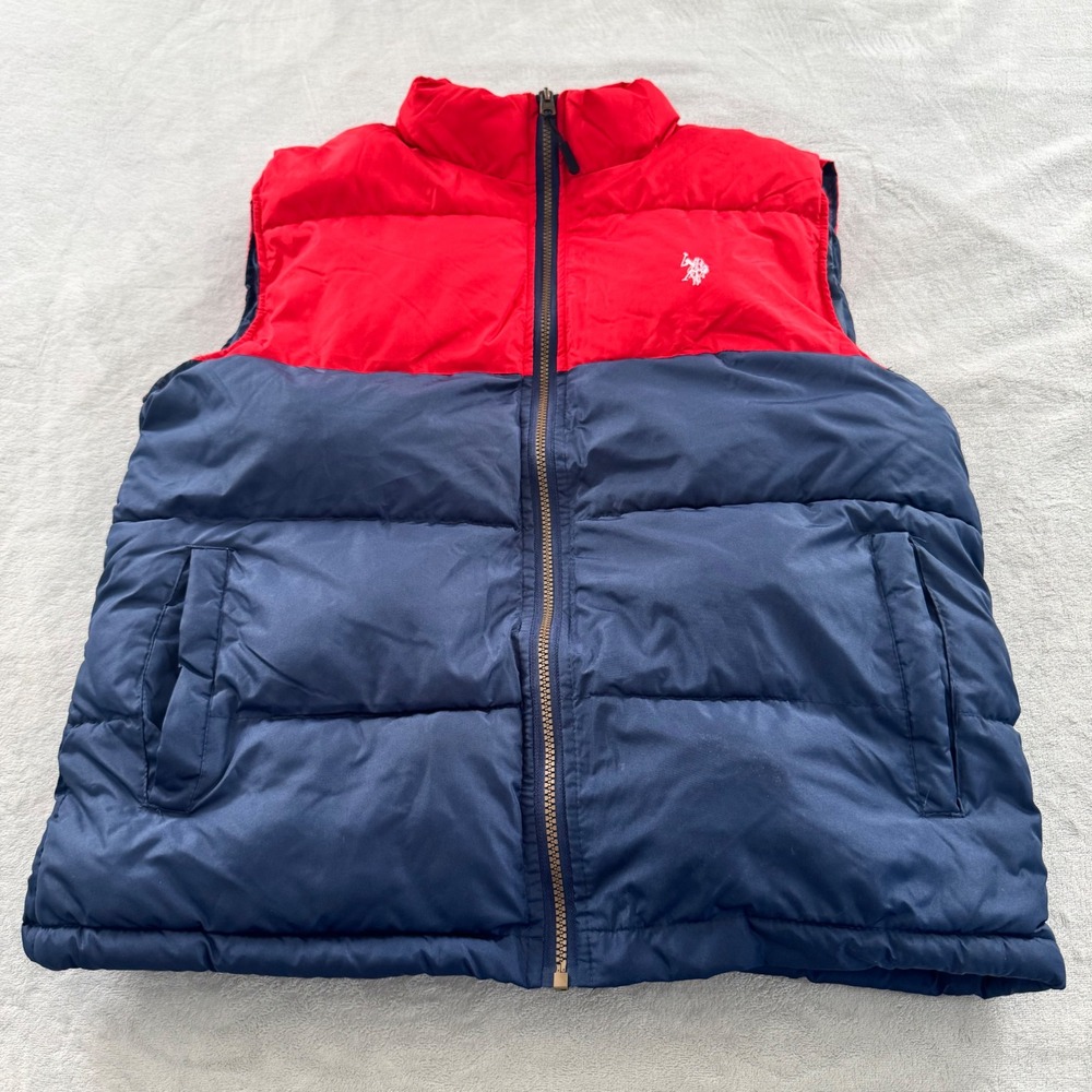 US Polo Assn Men's Puffer Vest Red and Navy Blue Colorblock Full Zip Medium EUC